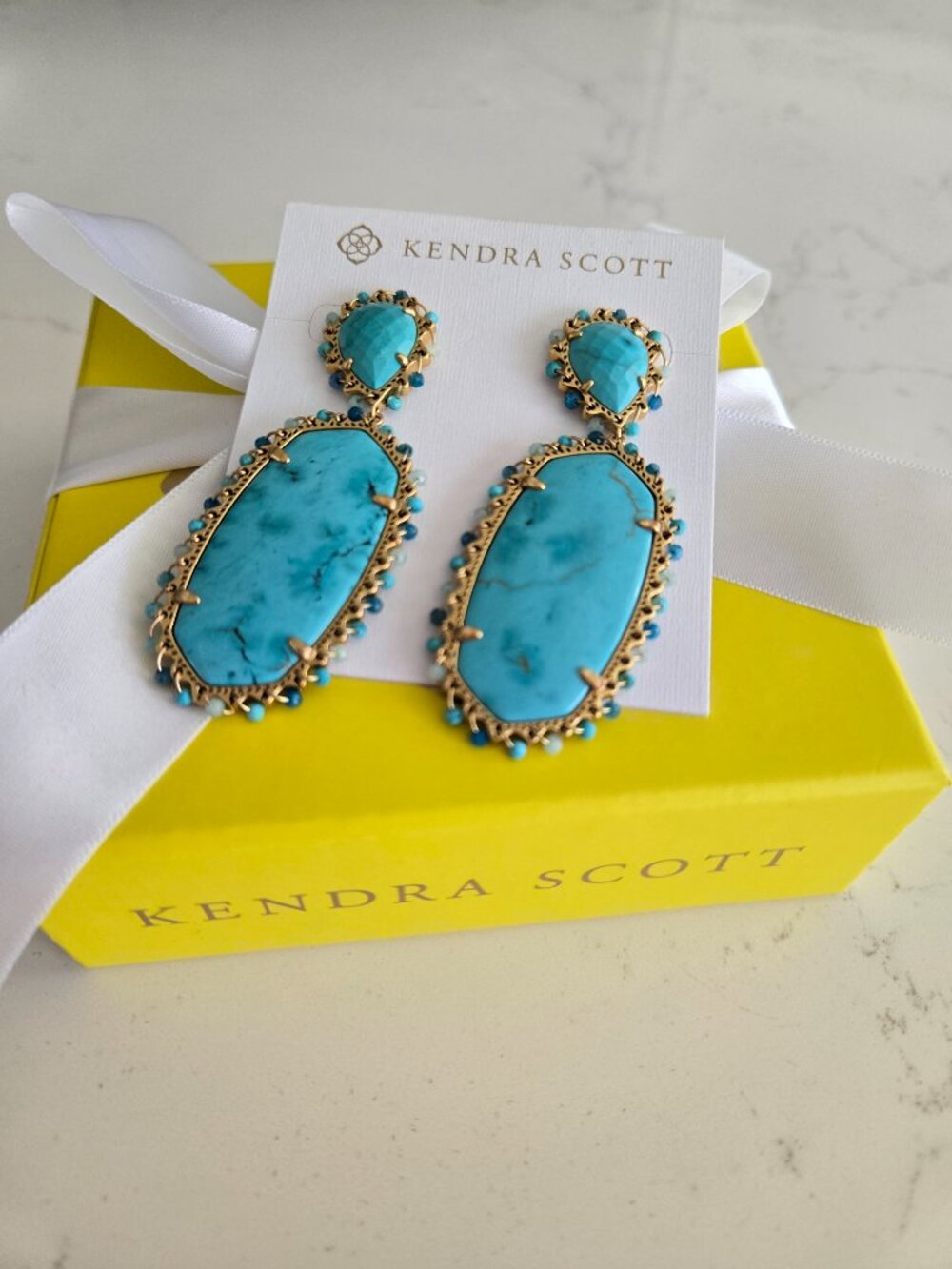 Kendra Scott Yellow Rose Parsons Vintage Gold Statement Earrings Turquoise NWB - Picture 3 of 10